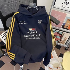 复古徽章织带连帽卫衣男女秋季潮宽松百搭情侣运动加绒上衣潮图片