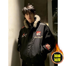 现货高品质美式高街重磅刺绣座山雕大毛毛领棉衣男女加厚棉服外套，男装棉衣，电商A486