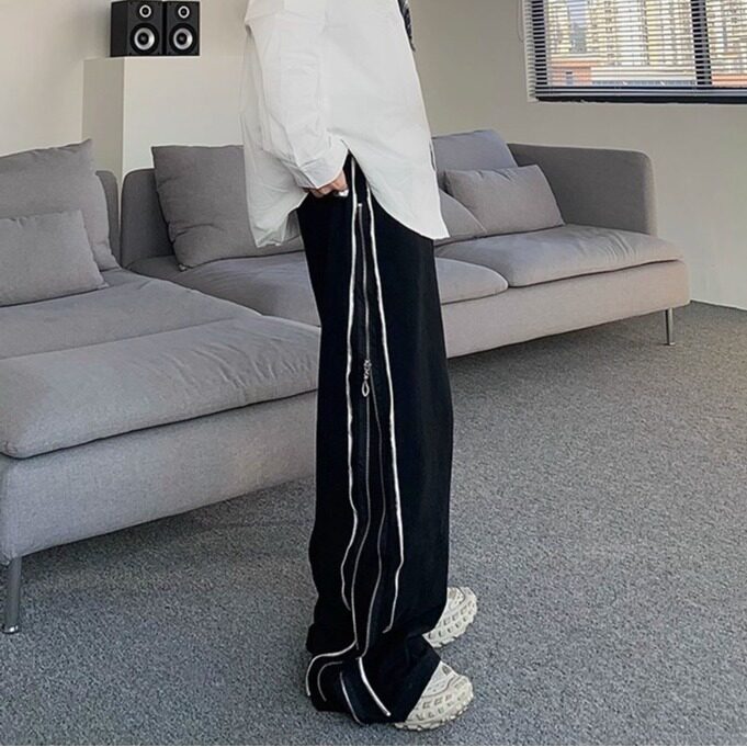 美式高街开衩休闲裤男女显瘦阔腿宽松直筒百搭侧边拼接拉链牛仔裤，女装休闲裤，星座1210-1