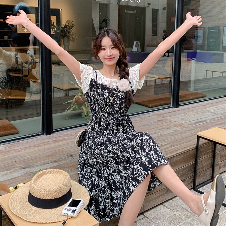 法式复古假两件碎花连衣裙女2025夏季新款韩版收腰显瘦气质长裙子图片
