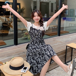 法式复古假两件碎花连衣裙女2025夏季新款韩版收腰显瘦气质长裙子图片