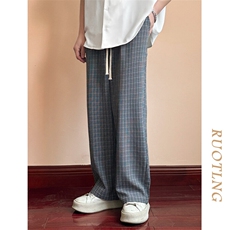 现货冰丝格子裤男直筒阔腿坠感休闲裤时尚潮牌长裤-AK23070-p55，男装休闲裤，电商A351