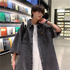 夏季新款牛仔短袖衬衫男潮流ins上衣宽松衬衣纯色帅气外套~XB720，男装衬衫，星座601-2