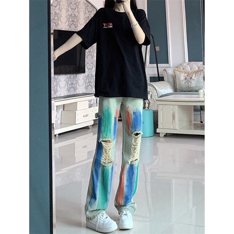 美式ins高街hiphop破洞小众彩色涂鸦黄泥色牛仔工装裤货号K641-1图片