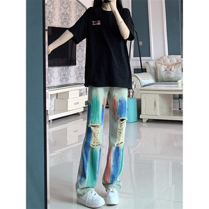 美式ins高街hiphop破洞小众彩色涂鸦黄泥色牛仔工装裤货号K641-1图片