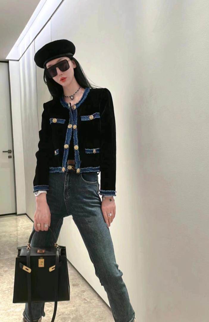 【现货】高品质牛仔拼接丝绒上衣，其它，色调轩