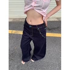 新款潮流文艺美式复古绿松石弯刀牛仔裤女情侣阔腿裤LN13122-P50，男装牛仔裤，星座1008