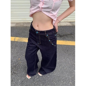 新款潮流文艺美式复古绿松石弯刀牛仔裤女情侣阔腿裤LN13122-P50图片