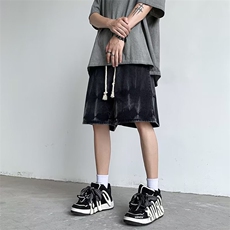 扎染牛仔短裤男夏季美式潮牌宽松五分裤子高街复古松紧腰休闲中裤，男装牛仔裤，星座506A