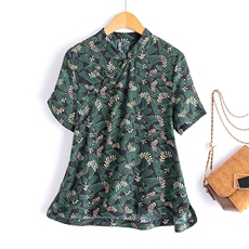 水衣源2749款雪纺印花旗袍领斜门襟小衫女，女装蕾丝衫/雪纺衫，水衣源