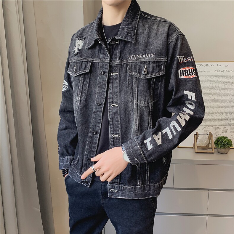 JK818-p90-限价138 现货店主风牛仔夹克肥仔量足破洞印花大码图片