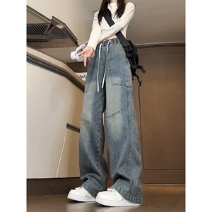有货DK77-特批40美式大口袋弯刀牛仔裤男女款松紧腰图片
