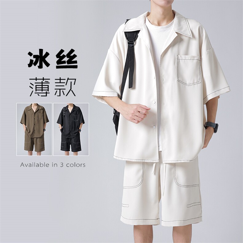 夏季大码滑料凉感冰丝短袖衬衫短裤男薄款透气两件套装TZ092-P65图片