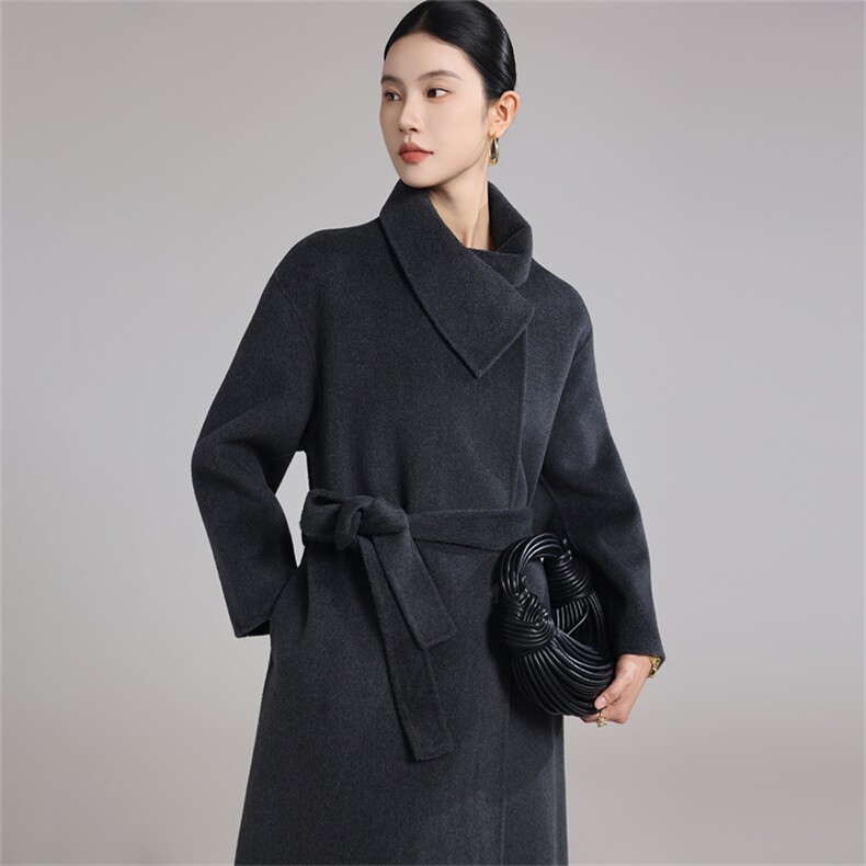 2025年秋季新款百搭女士系绳POLO领羊绒大衣,女装双面呢大衣,鹿展羊绒大衣