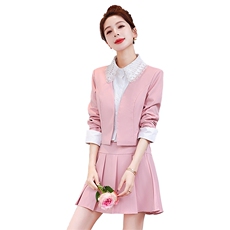 现货2025新款春季重工艺衬衣领短外套小个子甜美半裙两件套送腰带，女装套装/套裙，美静678