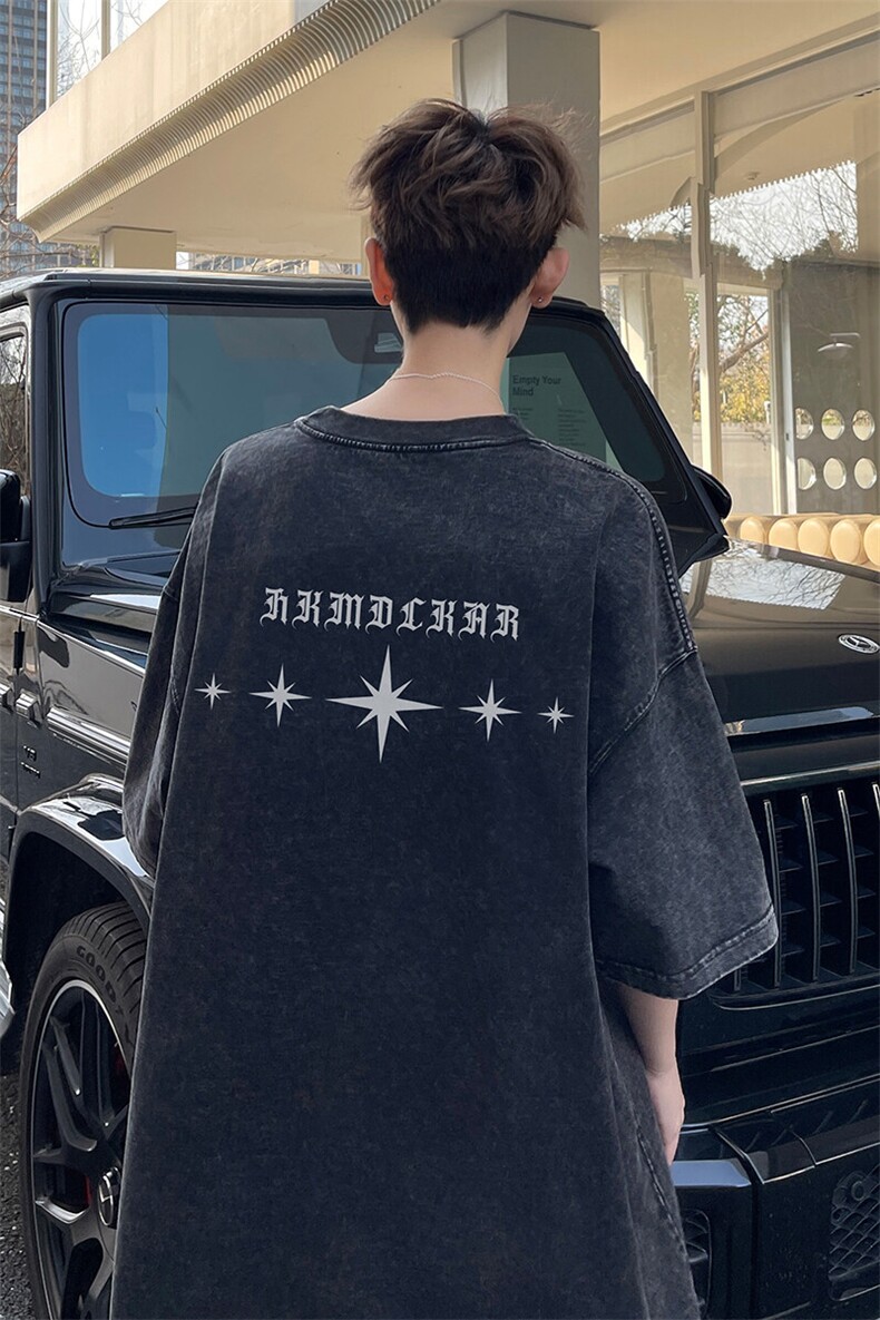 图案已注册夏季高级感痞帅短袖T恤男潮宽松做旧水洗打底S023/P35,男装T恤,电商B209