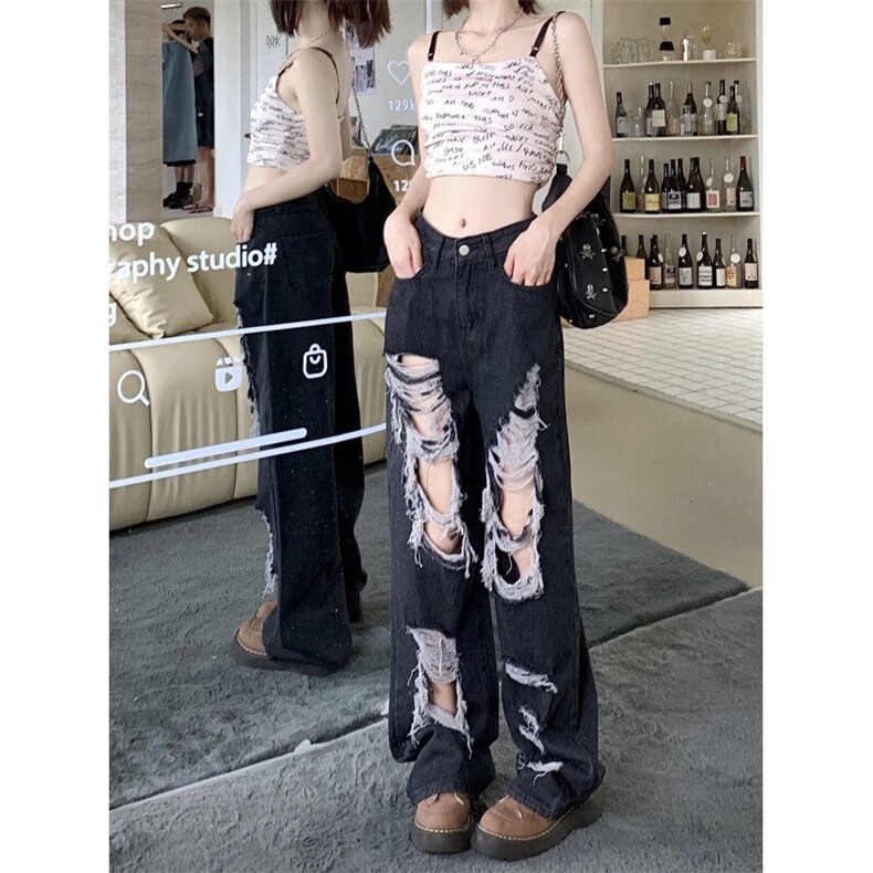 7880-P45优质版嘻哈设计感破洞牛仔裤女新款宽松直筒阔腿裤，女装牛仔裤，电商A306A