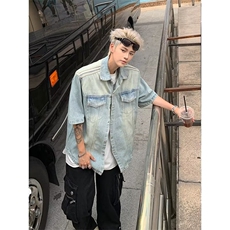 小众复古垫肩牛仔短袖衬衫套装杠条设计感水洗牛仔裤JW066，男装牛仔裤，星座1116A-1（原606A）