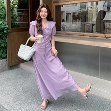气质长款V领荷叶边温柔连衣裙女夏季2025文艺日系绝美高级感长裙，女装连衣裙，浙宝305