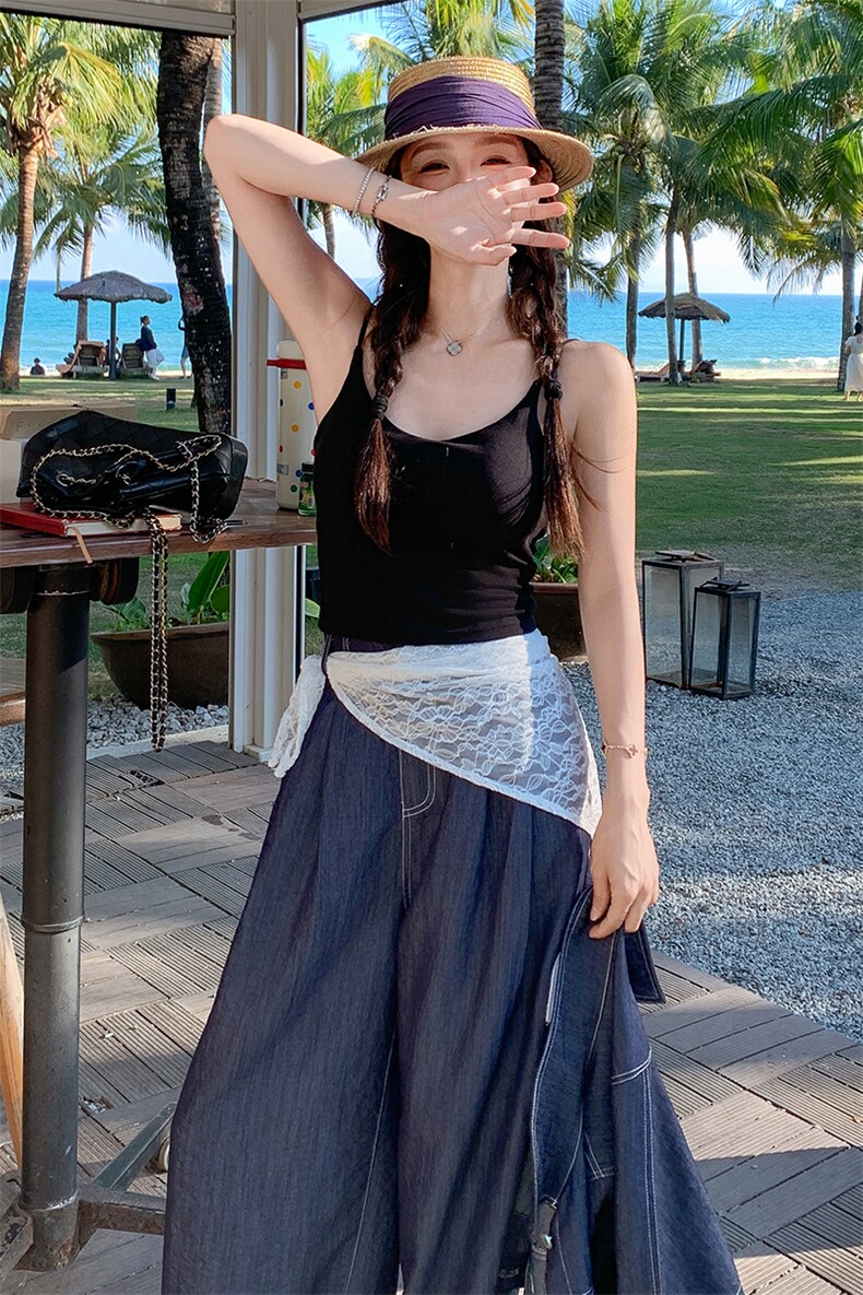 复古轻薄牛仔套装女2025夏季新款时尚显瘦翻领短外套阔腿裤两件套,女装套装/套裙,2C085