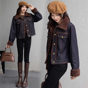 现货复古羊羔毛棉衣外套女2024冬新款韩版时髦加绒加厚牛仔棉服,女装牛仔外套,跑量工厂店