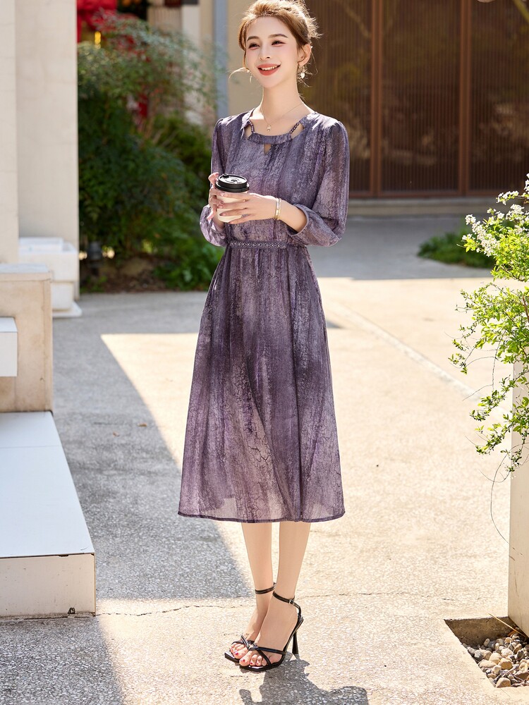 紫色连衣裙女夏2025新款高级感法式气质收腰显瘦减龄绝美漂亮裙子,女装连衣裙,多彩