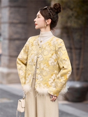 2025秋新中式高级感复古气质提花圆领外套洋气毛毛可拆卸短外套，女装短外套，流量+