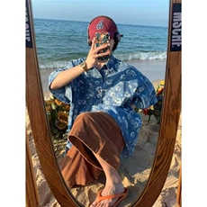夏季慵懒感牛仔短袖衬衫男外套印花水洗半袖花衬衣WLA2044-P51，男装T恤，星座1008