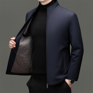 秋冬夹克衫加绒立领夹克男中老年爸爸装简约保暖休闲外套棉服男装图片
