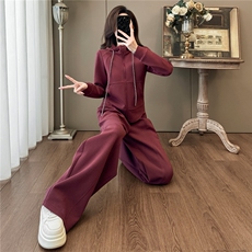 欧货时尚穿搭一整套女春季慵懒风纯色连帽外套休闲阔腿长裤两件套，女装套装/套裙，2C310