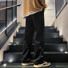 新款美式侧边纽扣裤子高街ins宽松直筒拖地长裤B381-1/748P58，男装休闲裤，电商B381-1