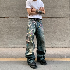 打印糖果裤链印花baggy牛仔裤男女宽松直筒阔腿裤子XX711，男装牛仔裤，星座208-5