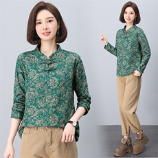 大量现货打底衫女2024新款中式复古长袖加绒盘扣T恤宽松妈妈印花，女装大码女装，奕阳依阁