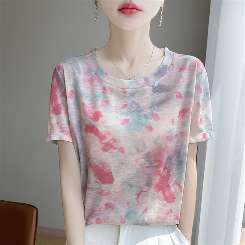 2025春夏新款圆领短袖T恤女印花上衣宽松显瘦百搭上衣，女装T恤，朝贺羊绒