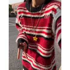 AA1842P55红色条纹毛衣男冬季圆领套头针织衫美式毛线衣，男装针织衫/毛衣，电商B323A