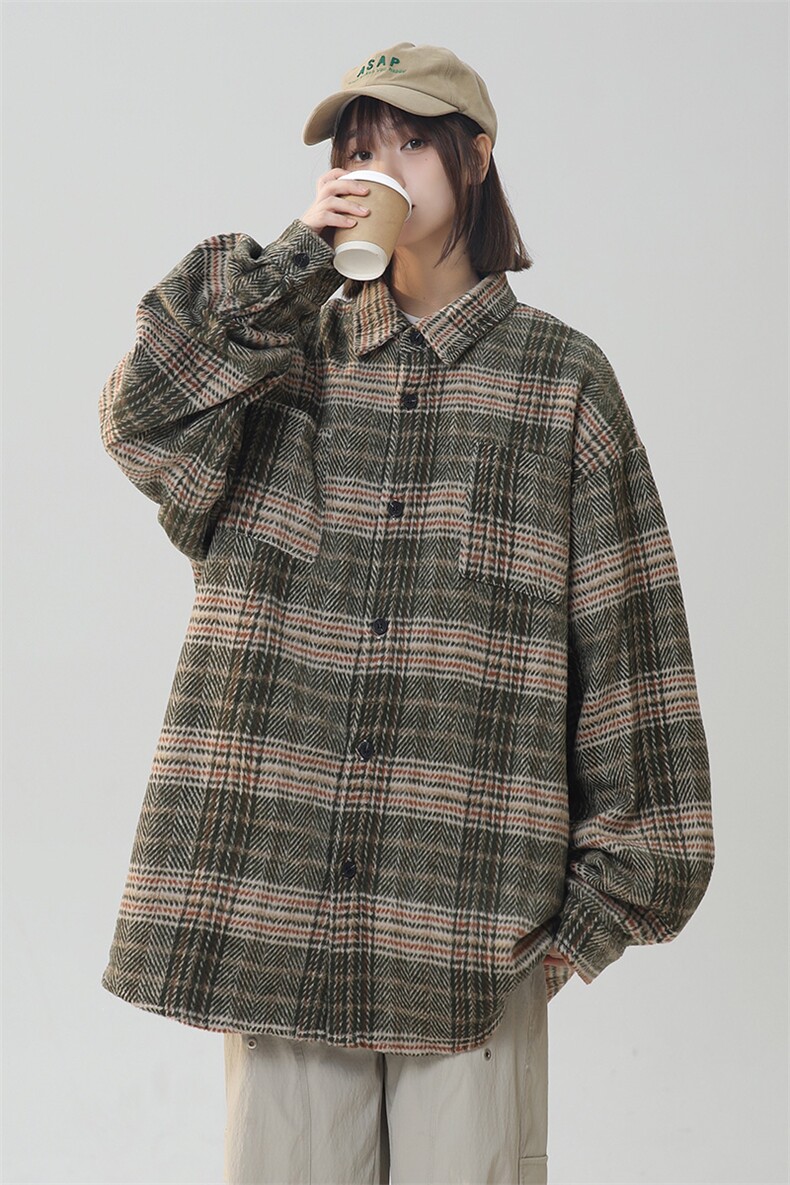 日系复古格子撞色长袖衬衫男女宽松毛呢格衬衣225-2-CS708-P58,男装衬衫,星座225-2