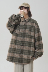 日系复古格子撞色长袖衬衫男女宽松毛呢格衬衣225-2-CS708-P58，男装衬衫，星座225-2