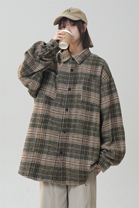 日系复古格子撞色长袖衬衫男女宽松毛呢格衬衣225-2-CS708-P58图片