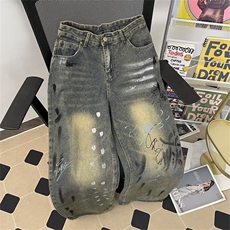 秋款男牛仔裤渐变色字母涂鸦扎染宽松长裤NK25P68，男装牛仔裤，星座1013-1