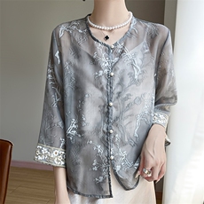 新中式国风外套七分袖薄款2025夏季刺绣开衫薄款欧根纱防晒衣上衣，女装T恤，圣丽羊绒