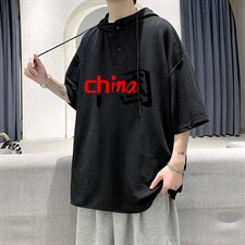LD54189-P45连帽短袖t恤男大码胖子带帽五分袖中袖大皂风，男装T恤，电商A040