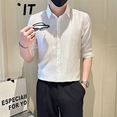 店主风社会小伙男士纯色七分袖衬衫男简约款上衣301A-1/CS560/P55，男装衬衫，星座301A-1