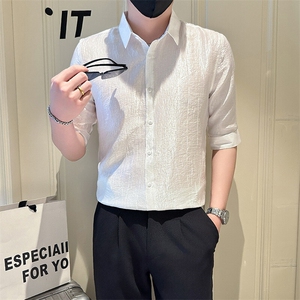 店主风社会小伙男士纯色七分袖衬衫男简约款上衣301A-1/CS560/P55图片