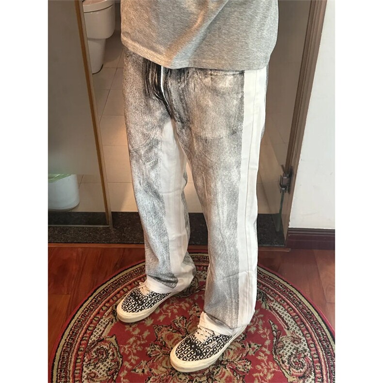 ！脏脏感印花牛仔裤做旧复古美式高街休闲裤,男装牛仔裤,星座617C