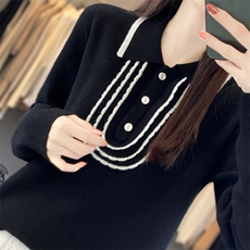 2025秋冬百搭时尚简约polo领长袖拼色针织衫，女装针织衫/毛衣，浙麦羊绒