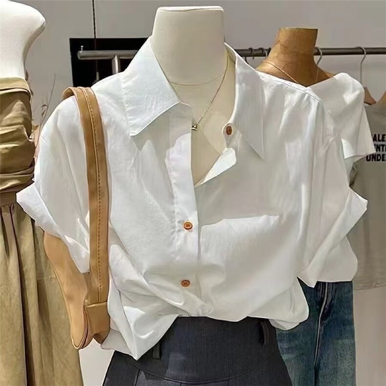 蓝色纯棉短袖衬衫女夏季新款小个子韩版宽松休闲百搭衬衣,男装衬衫,星座1210-1