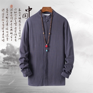 T90* 古风长袖衬衫立领禅服居仕服风盘扣棉麻衬衫男  *P55图片