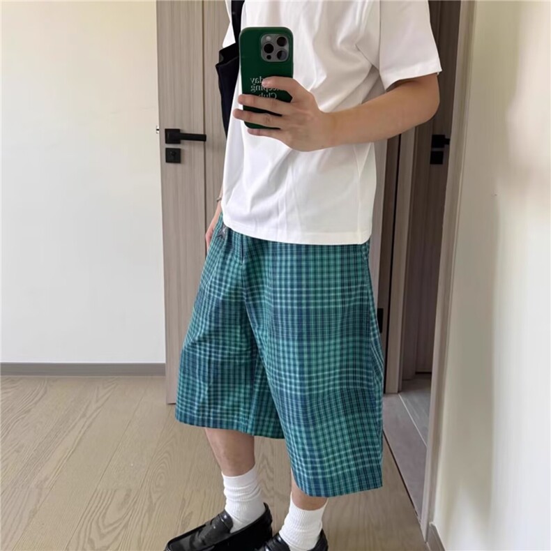 日系复古蓝格子五分短裤男宽松直筒夏季百搭休闲中裤青少年,男装牛仔裤,星座506A