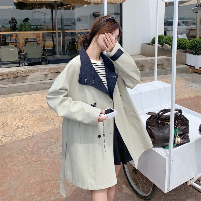韩系高级感米白色风衣外套女2025年春秋季新款显瘦撞色中长款大衣,女装短外套,2C230