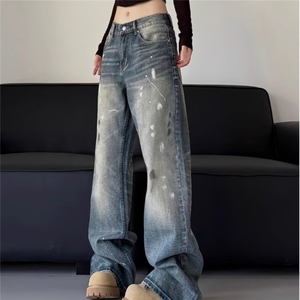 美式复古cleanfit泼墨牛仔裤男女潮宽松直筒阔腿欧美休闲拖地裤子图片
